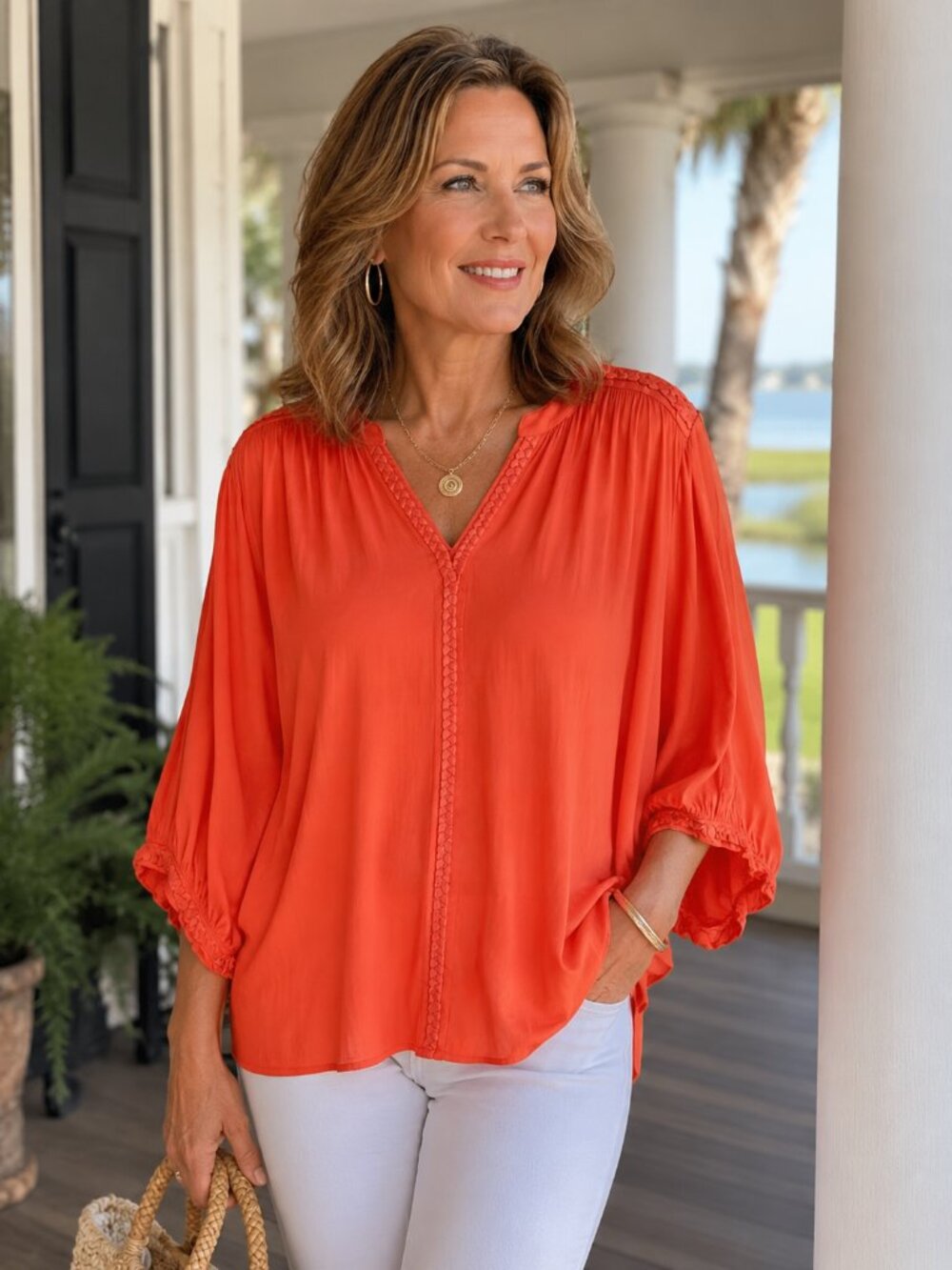 CHICO'S Satin Batwing Blouse Coral Orange Coastal Chic Resort Boho Luxe Top XL